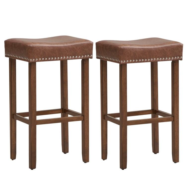 Brown Saddle Style Backless Wood Bar Stools with Footrests