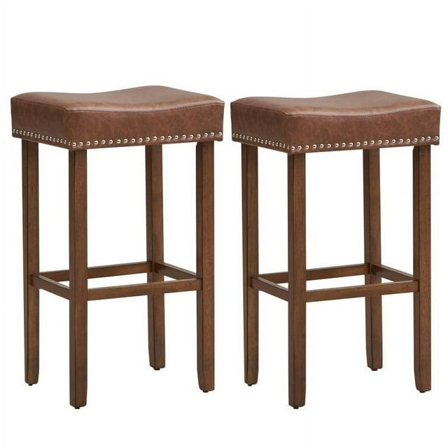 Resenkos Upholstered Bar Stools Set of 2 with Footrests for Counter-Brown, Bar Height Stools, Bar Stools for Kitchen Island for Kitchen, Dining Room
