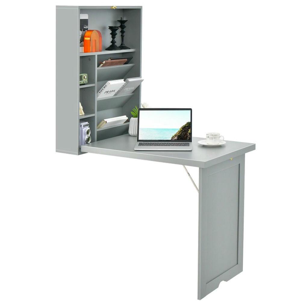 Costway Wall Mounted Computer Convertible Desk Floating Desk w/ Storage Bookcases Grey