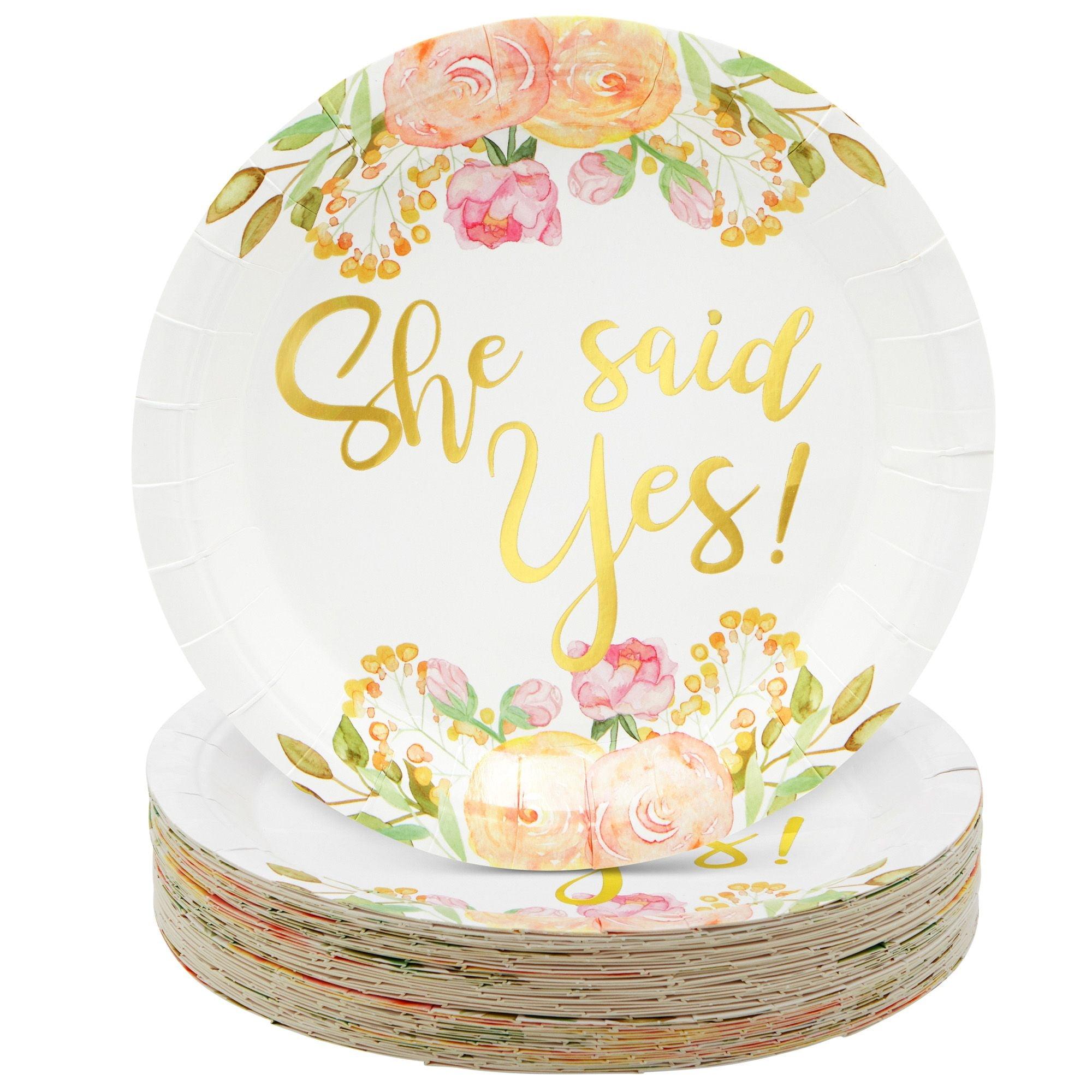 Sparkle and Bash 48-Pack Gold Foil She Said Yes Plates for Engagement Party, Bridal Shower Decorations, Bachelorette, Floral Design, 9 In