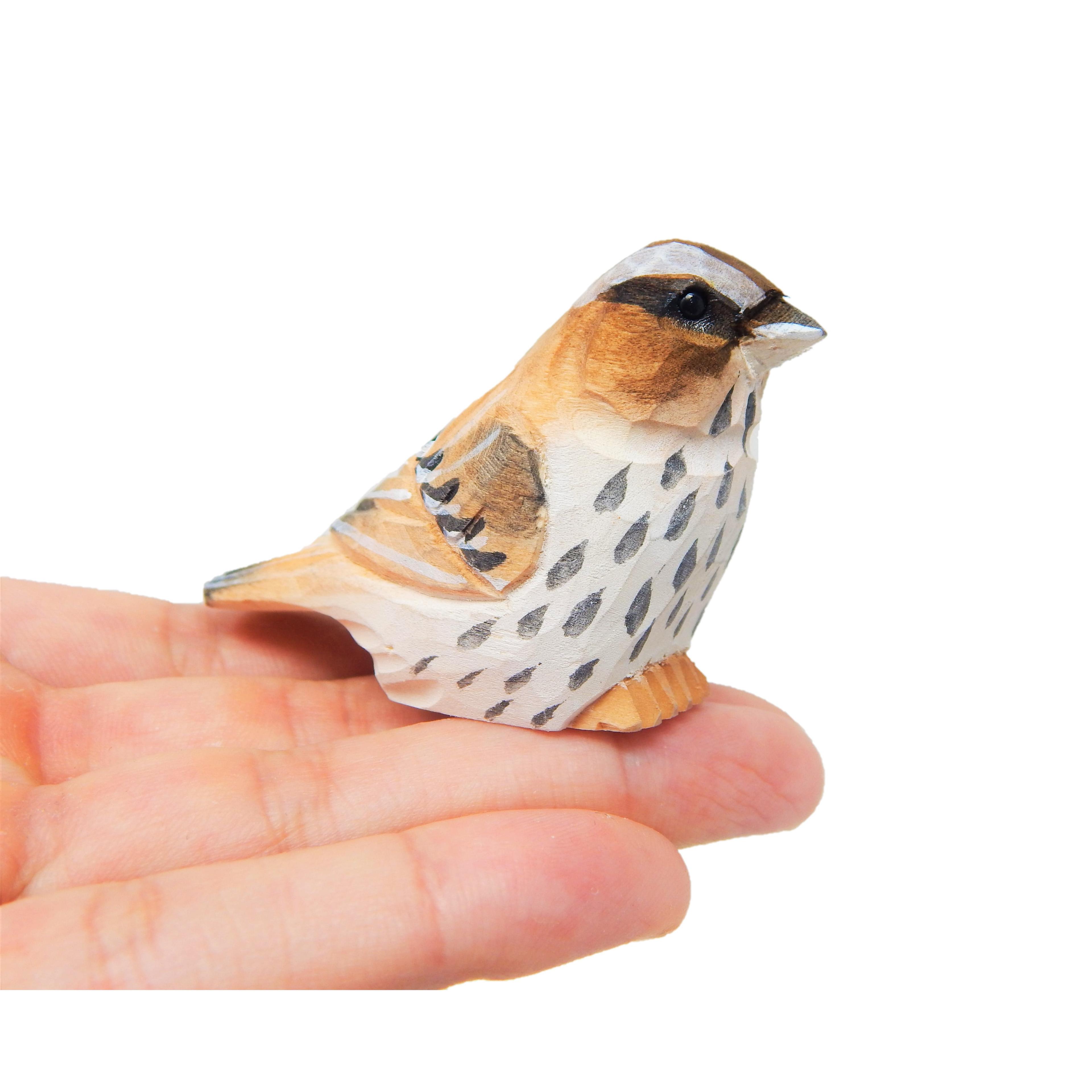 Hand-Carved Birch Wood Sparrow Bird Figurine