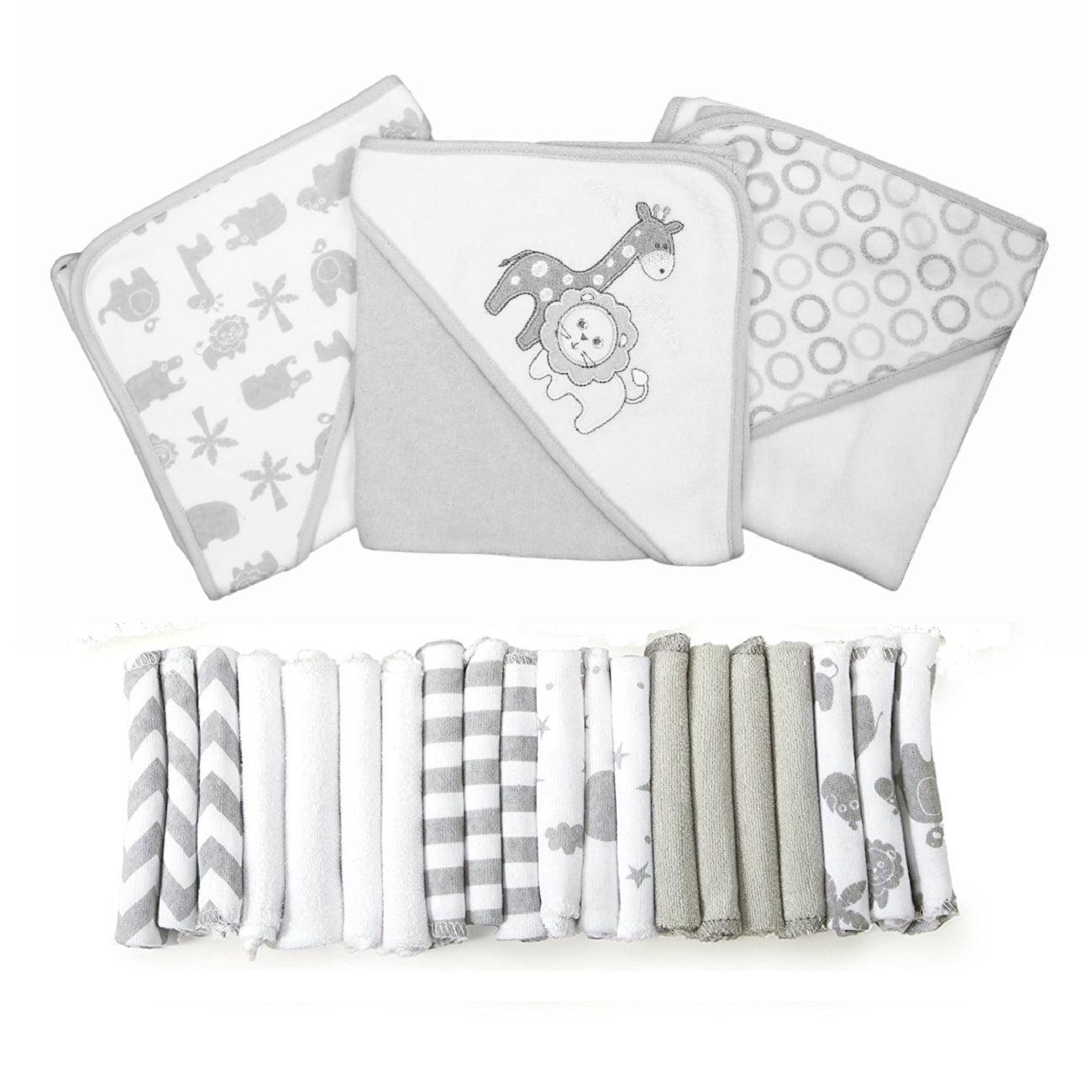 Spasilk Bath Hooded Towels & Washcloths Set for Babies, 23-Piece Gift Set, Gray Lion