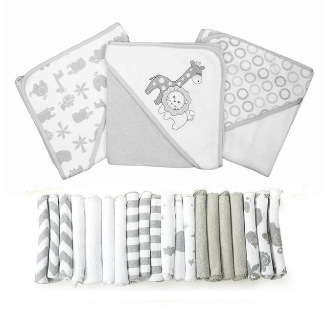 Spasilk Bath Hooded Towels & Washcloths Set for Babies, 23-Piece Gift Set, Gray Lion