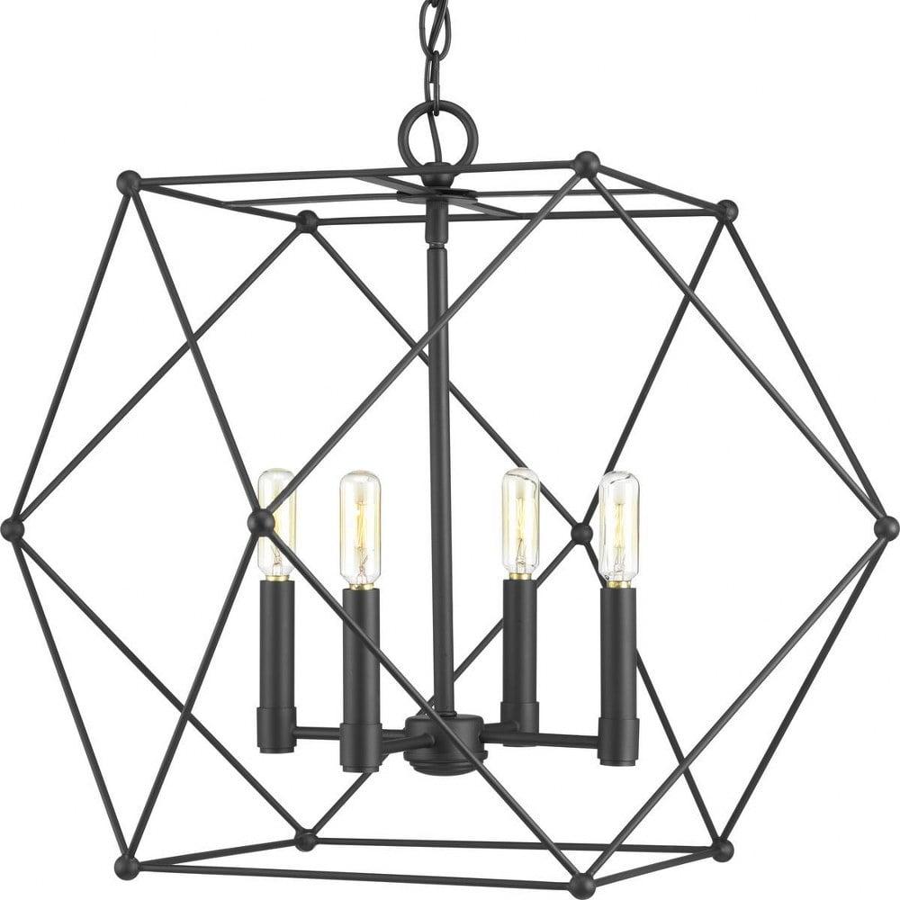 Matte Black Geometric 4-Light Pendant with Open Candles