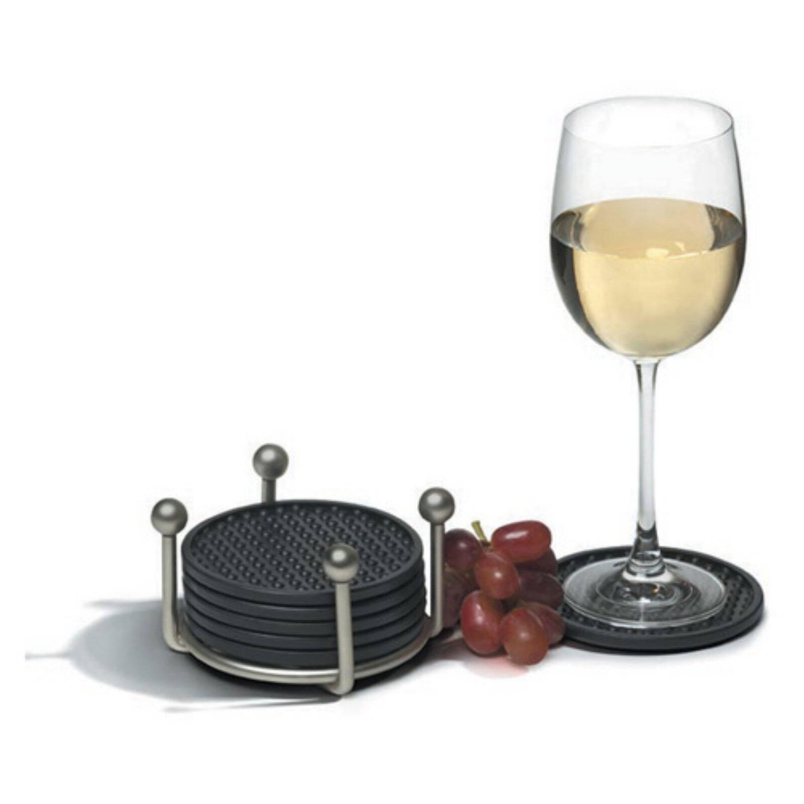 Satin Nickel and Black Flexible Coasters with Holder Set