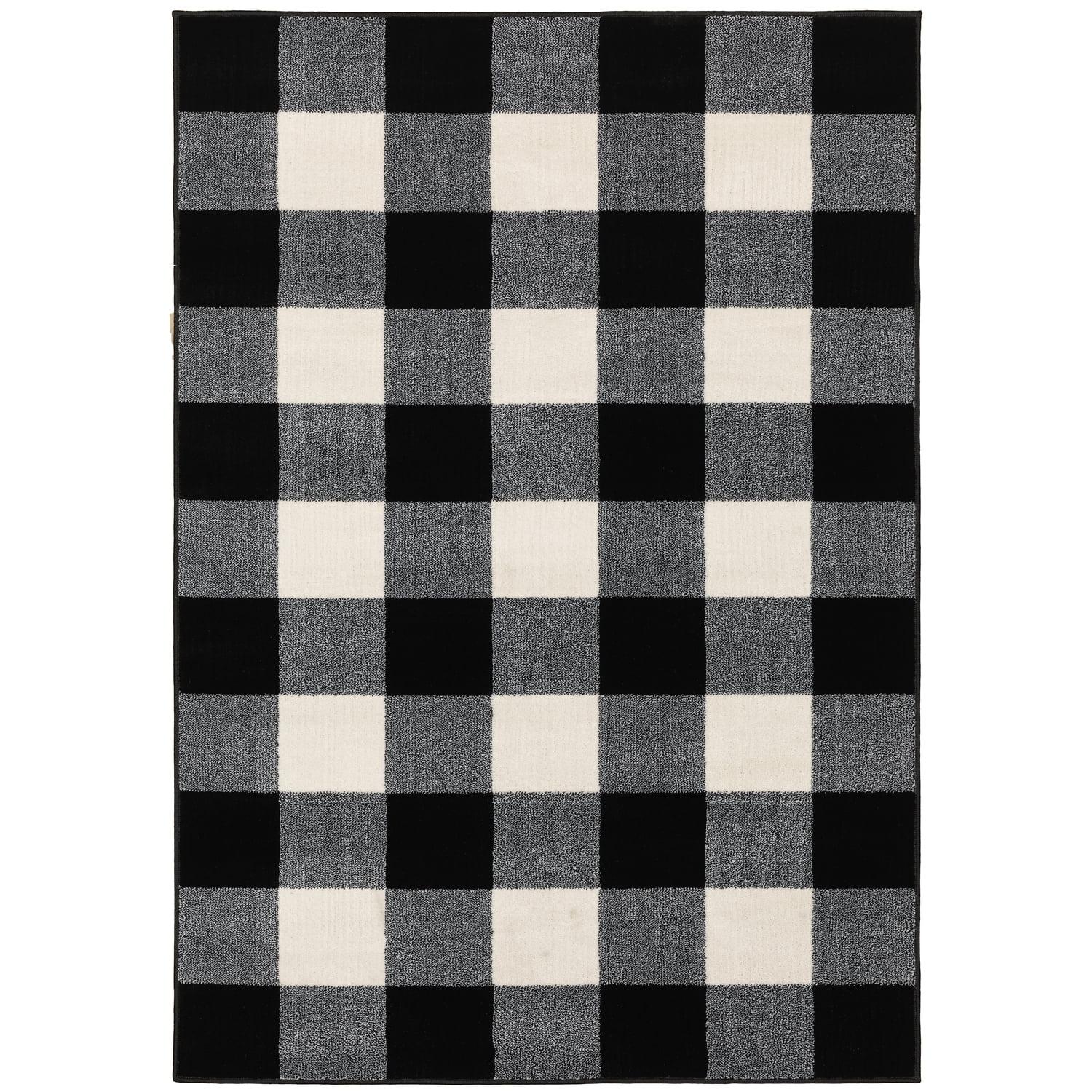 Black and White Plaid Hand-Knotted Viscose Area Rug