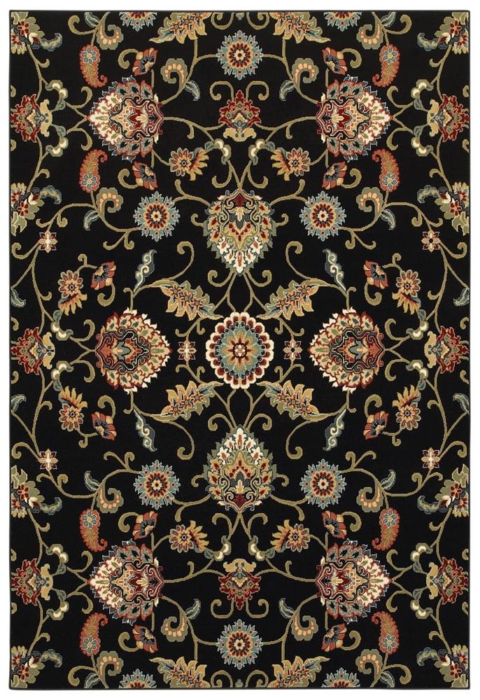 Kashan Black and Multicolor Synthetic Rectangular Area Rug