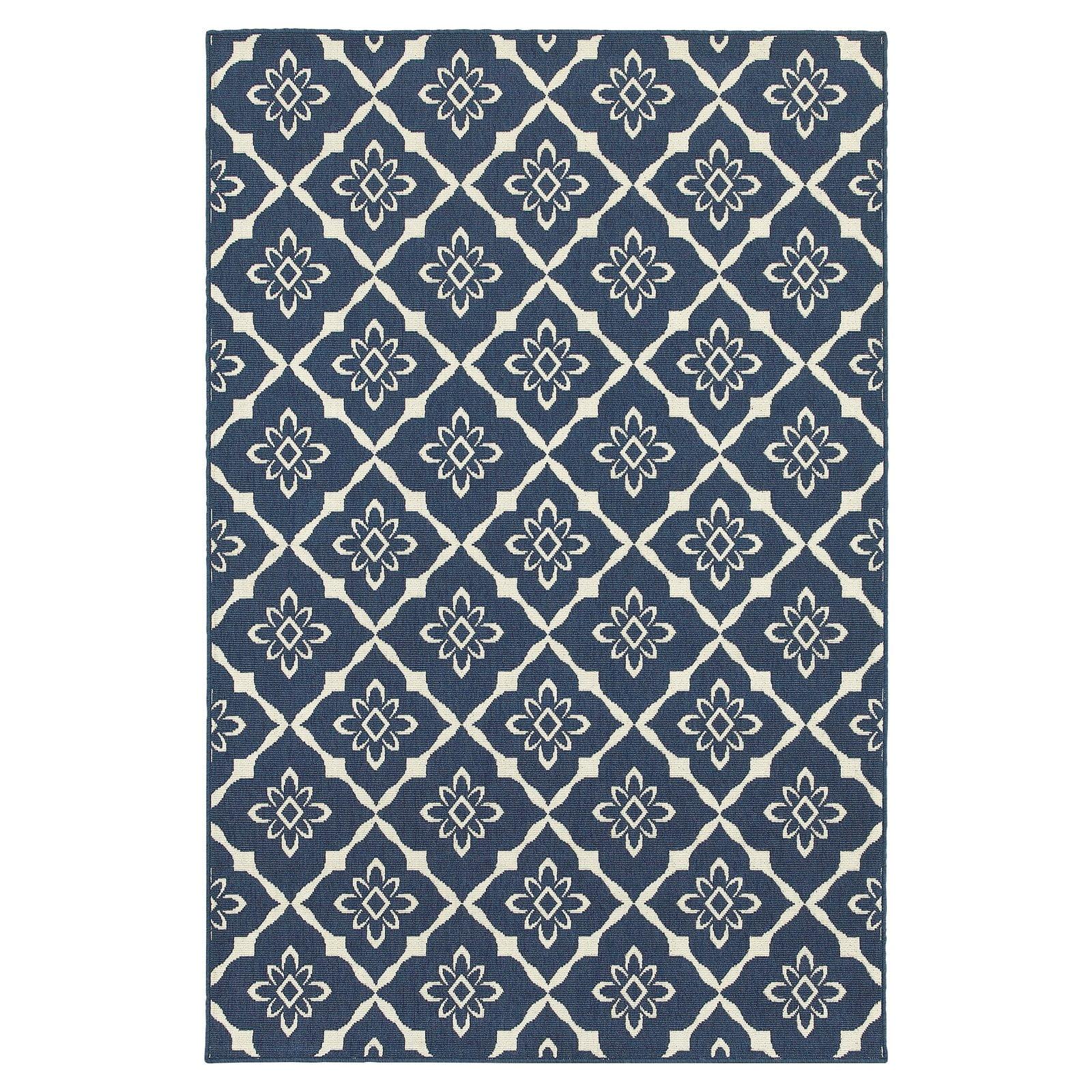 Navy and Ivory Geometric Synthetic Indoor/Outdoor Area Rug