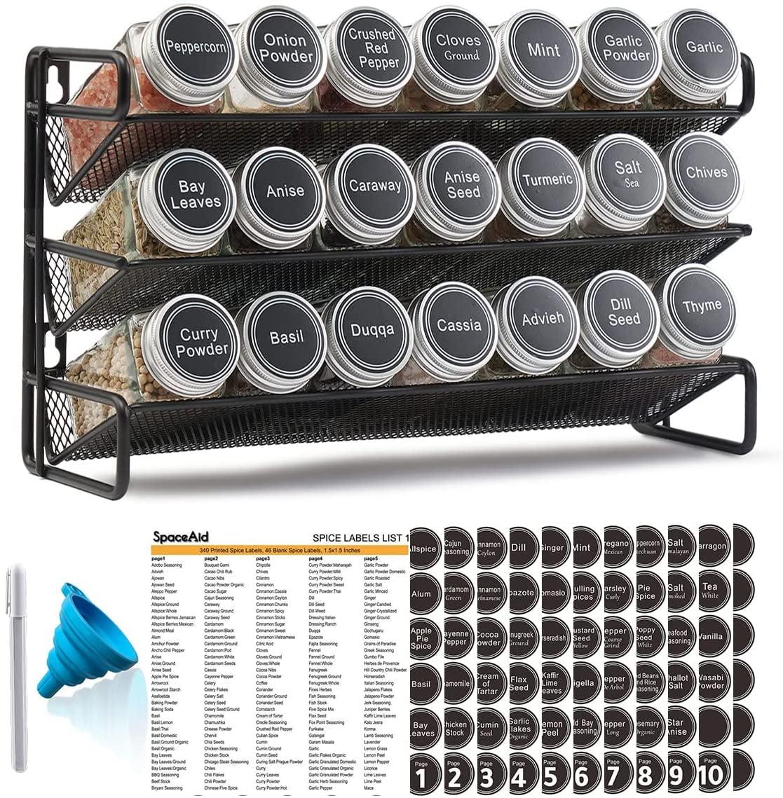 Black Steel 3-Tier Wall Mounted Spice Rack with 21 Jars