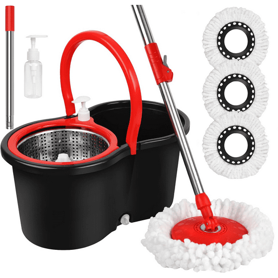 Spin Mop and Bucket Set, 360° Spin Mop and Bucket with Wringer Set and 3 Microfiber Mop Replacement Heads Refills, 61" Stainless Steel Extended Handle Spinning Mop Bucket System for Floor Cleaning