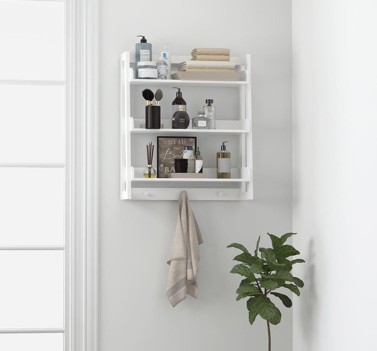 Modern White Wall-Mounted 3-Tier Bathroom Shelf with Towel Hooks