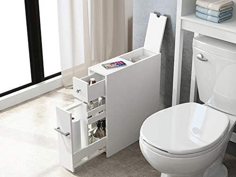 White Slim Bathroom Storage Cabinet with Slide Out Drawer