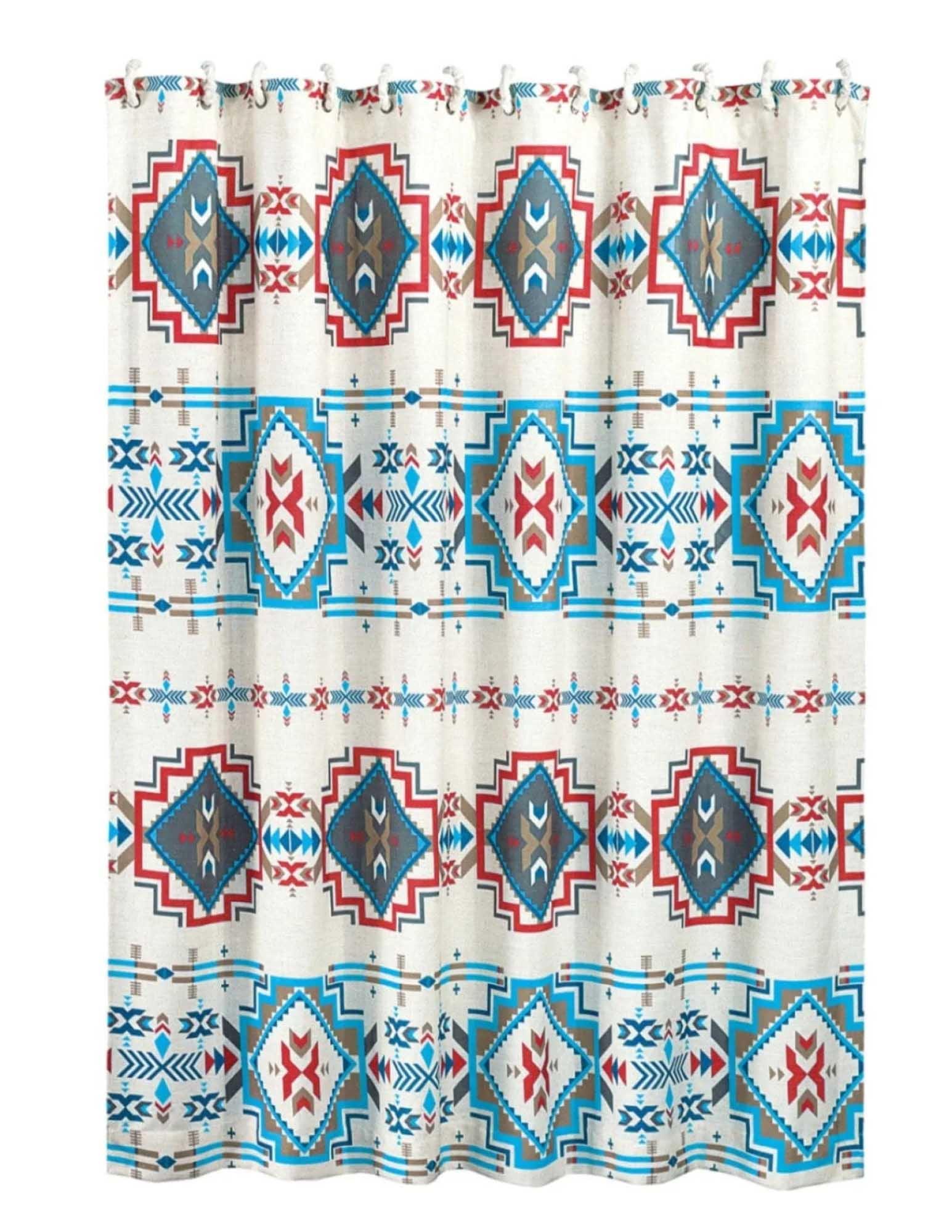 Paseo Road by HiEnd Accents Spirit Valley Red/Teal Aztec Print Southwestern Rustic Farmhouse 72x72 inch Shower Curtain + Hooks