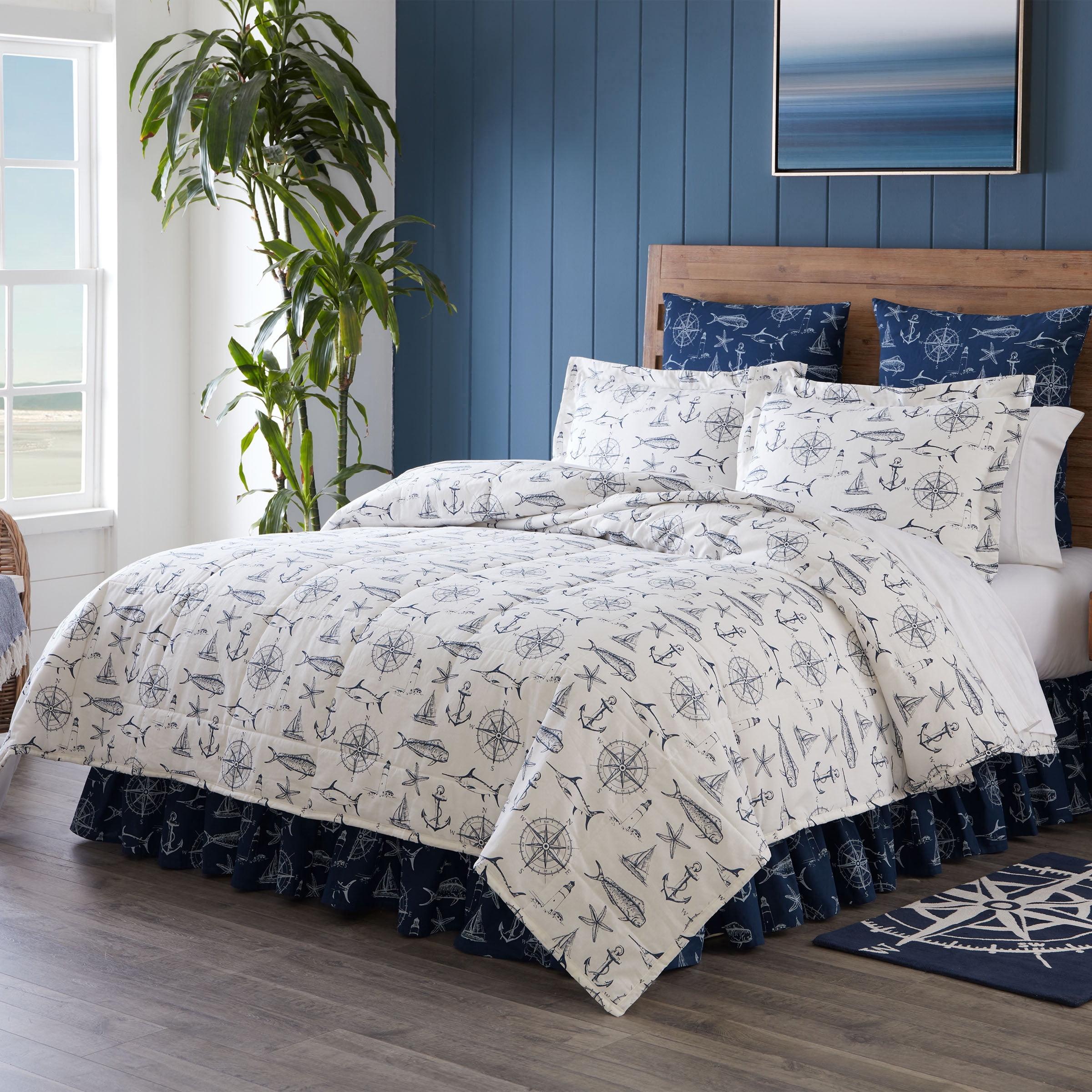 Nautical White and Navy Cotton Twin Bedspread Set