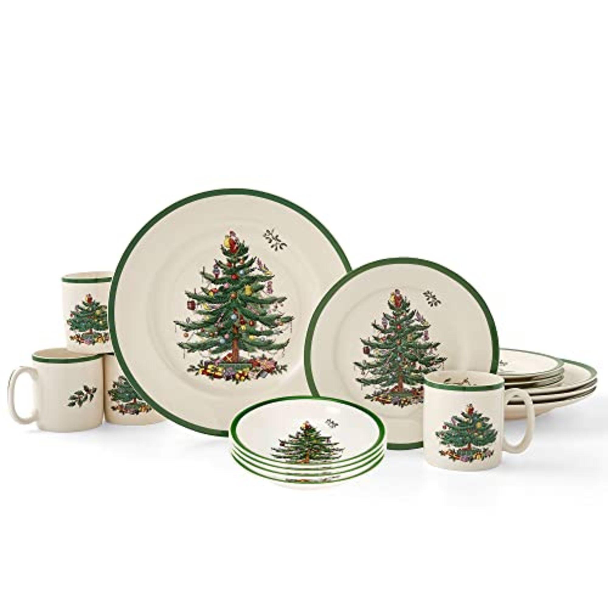 Spode Christmas Tree Collection 16-Piece Dinnerware Set, 10" Dinner Plate, 7.25" Salad Plate, 16 oz Cereal Bowl, 9 oz Mug