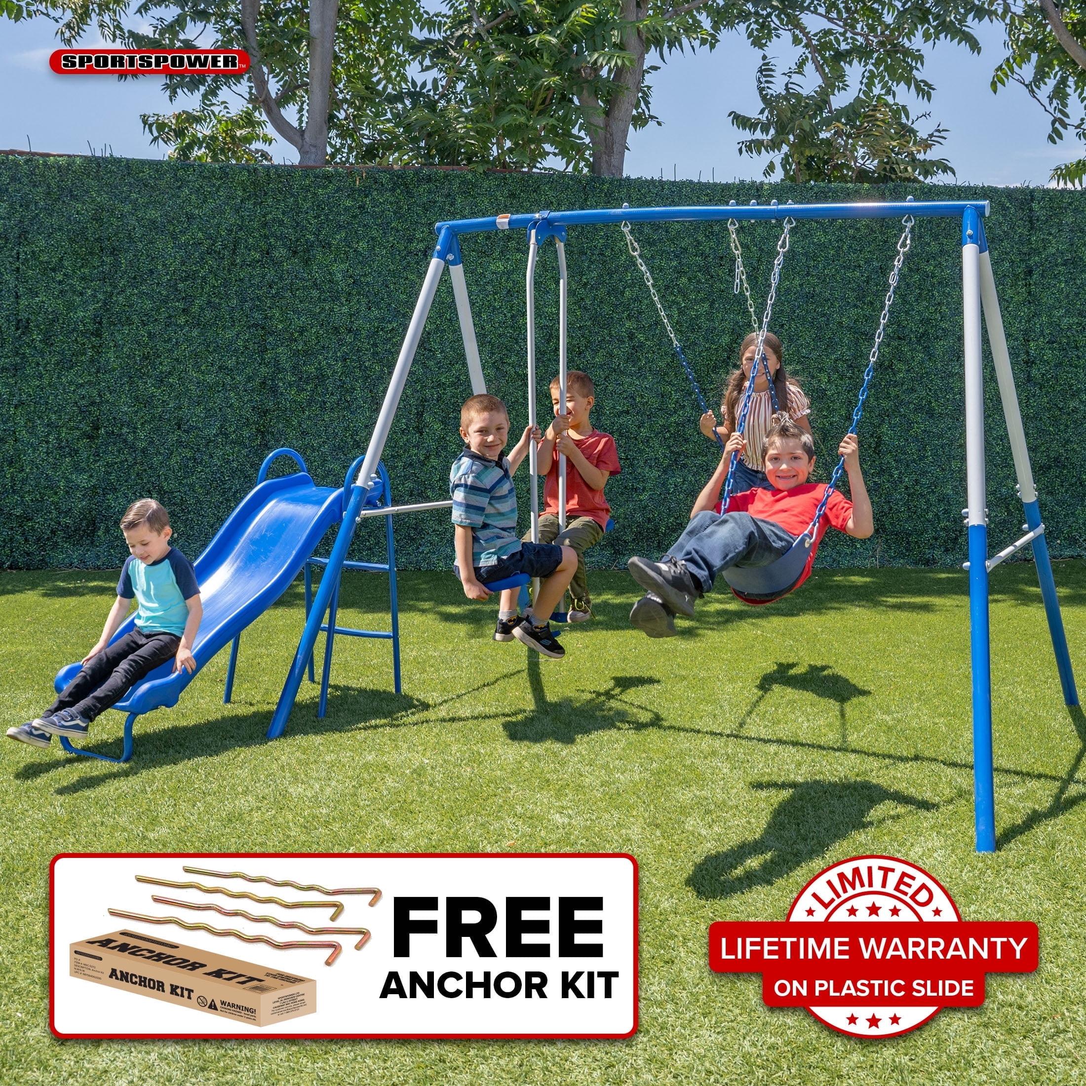 Sportspower Albany Metal Swing Set with 2 Person Glider Swing, 2 Adjustable Sling Swing Seats, 5' Double Wall Slide with Lifetime Warranty, & Bonus Anchor Kit, Great for Kids 3-8