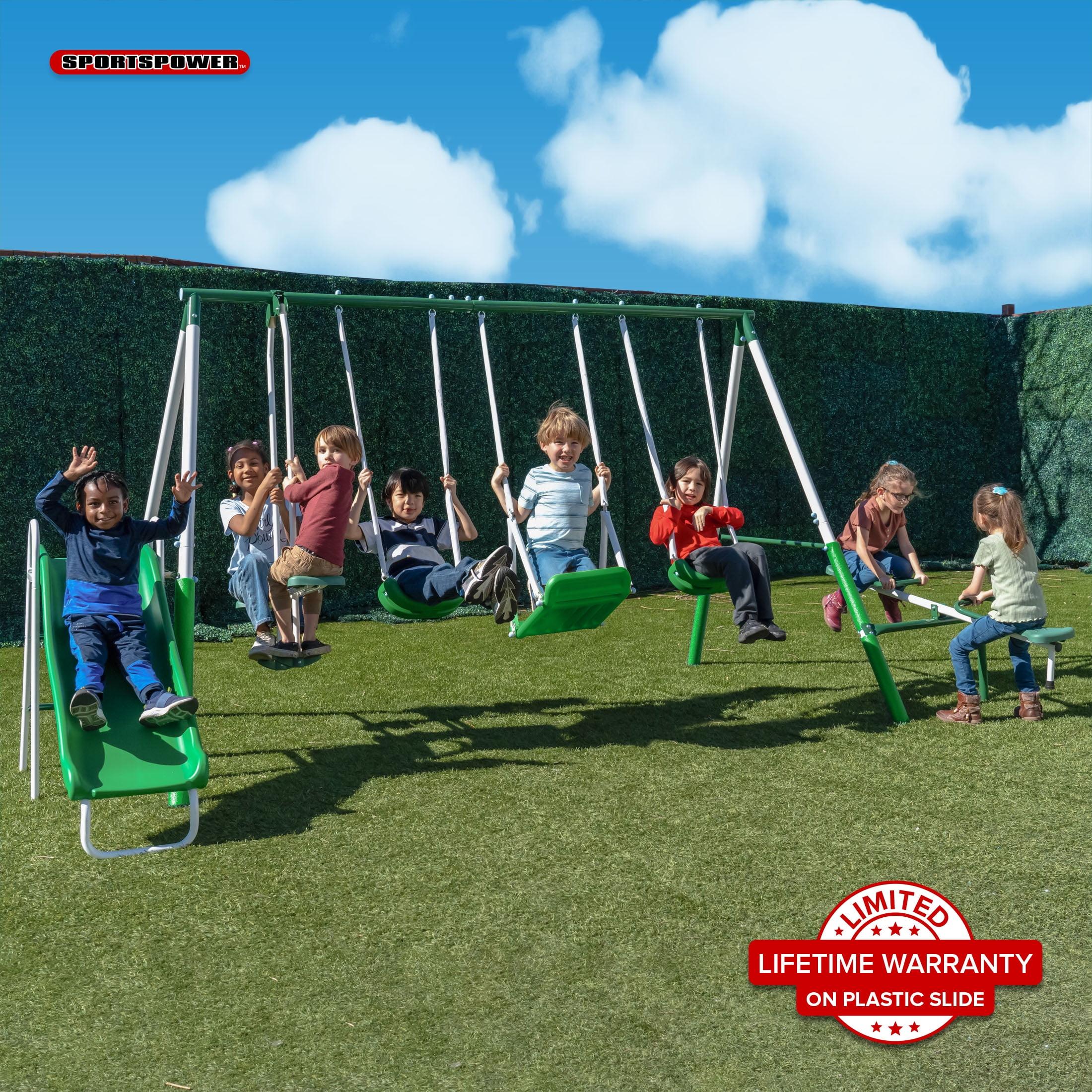 Sportspower Sportspower Park Ridge Metal Swing Set With 2 Swings, Standing Swing, 2 Person Roman Glider Swing, Teeter Totter And 5' Slide, Bonus Anchor Kit Included