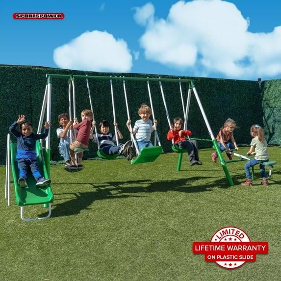 Sportspower Sportspower Park Ridge Metal Swing Set With 2 Swings, Standing Swing, 2 Person Roman Glider Swing, Teeter Totter And 5' Slide, Bonus Anchor Kit Included