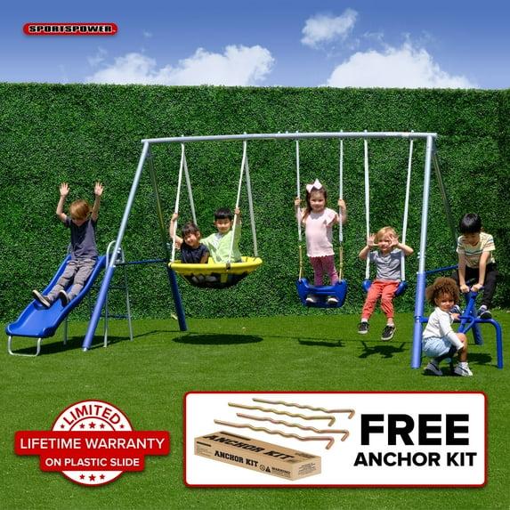 Sportspower Sportspower Taylor Galvanized Metal Swing Set With Blow Molded Swing, Standing Swing, 2 Person Teeter Totter, 32" Saucer Swing, And 5' Slide, Bonus 4pc Anchor Kit Included
