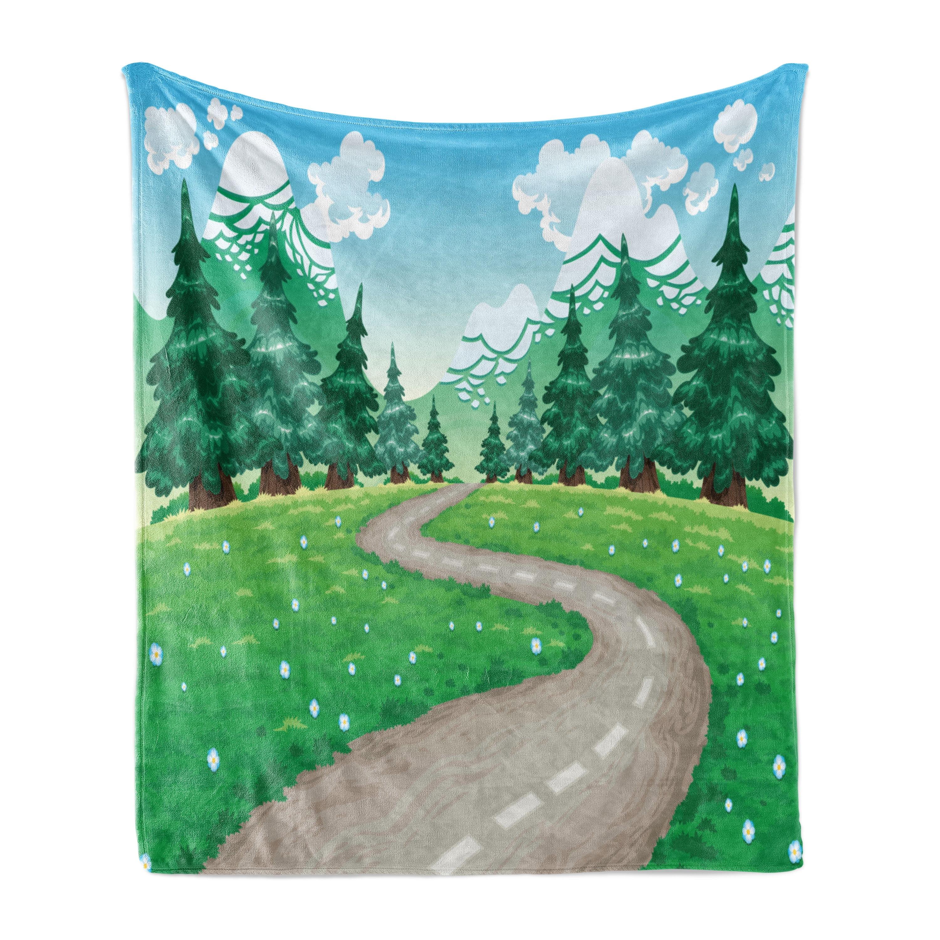 Ambesonne Spring Fleece Throw Blanket Pathway Among Pine Trees 60"x80" Hunter Green Pale Blue