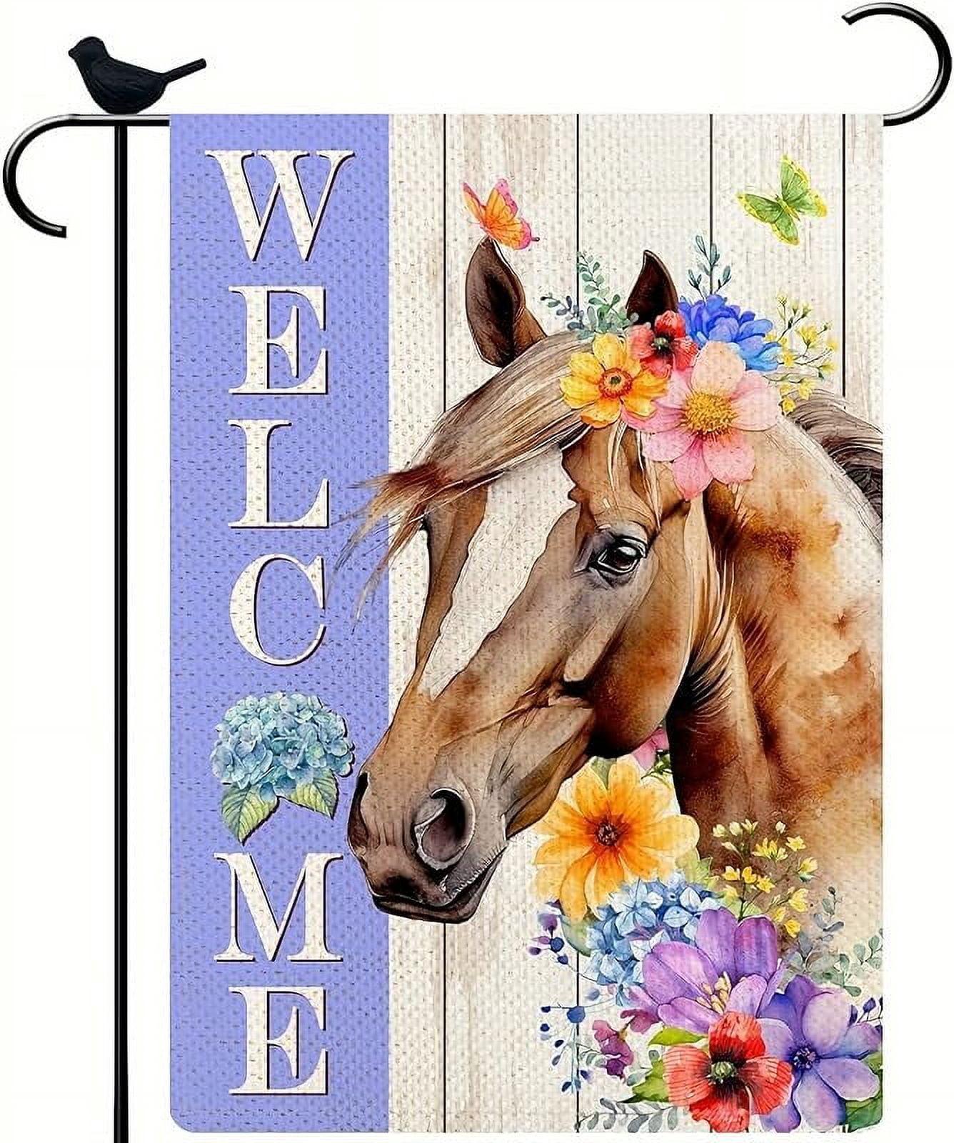 Spring Welcome Horse Garden Flag 12 x 18 inch Double Sided Outside decorations,Funny Cute Animal Small Garden Flags For Outdoor Yard Lawn
