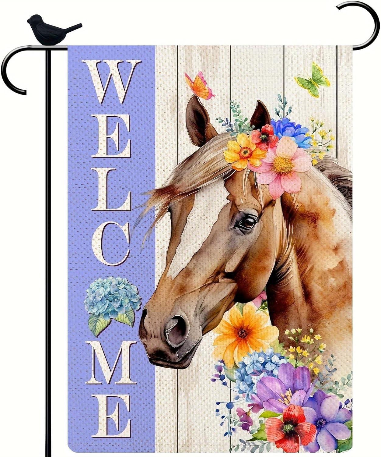 Spring Welcome Horse Garden Flag 12 x 18 inch Double Sided Outside decorations,Funny Cute Animal Small Garden Flags For Outdoor Yard Lawn