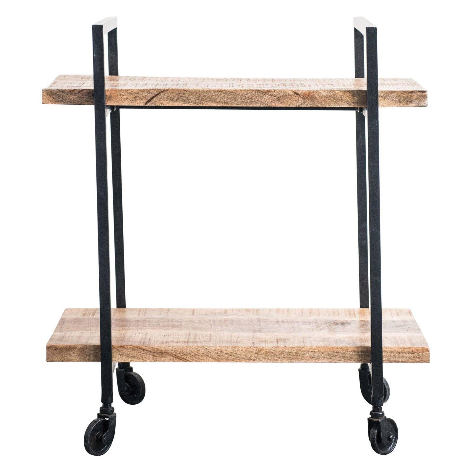 Modern Mango Wood & Black Metal Tiered Mobile Cart