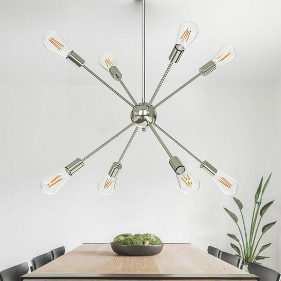 Sputnik Chandelier 8 Lights Brushed Nickel Modern Pendant Lighting Mid Century Flush Mount Ceiling Light Fixture Adjustable Height for Kitchen Dining Room Living Room Bedroom Foyer