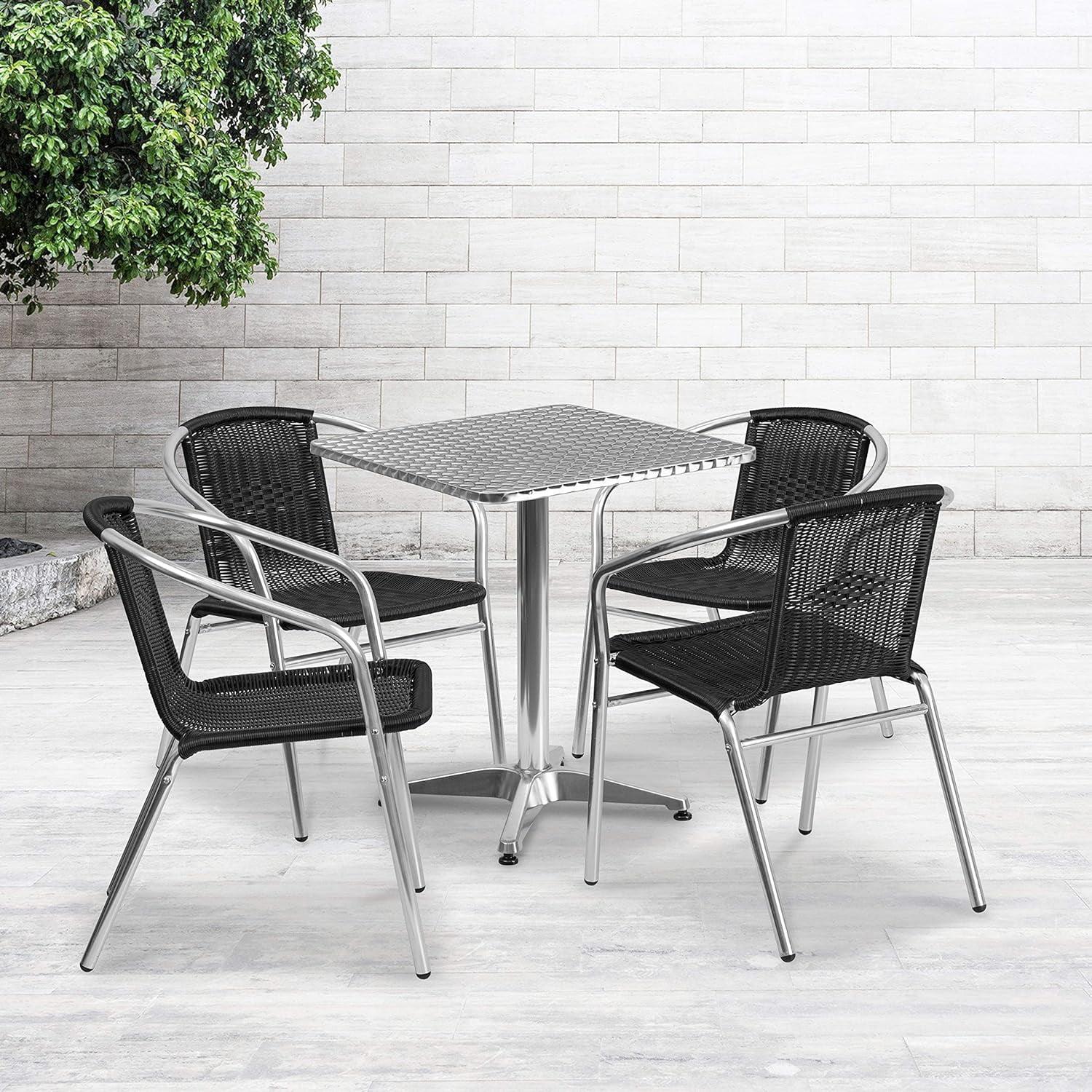 27.5'' Square Silver Stainless Steel Indoor-Outdoor Dining Set with 4 Black Rattan Chairs
