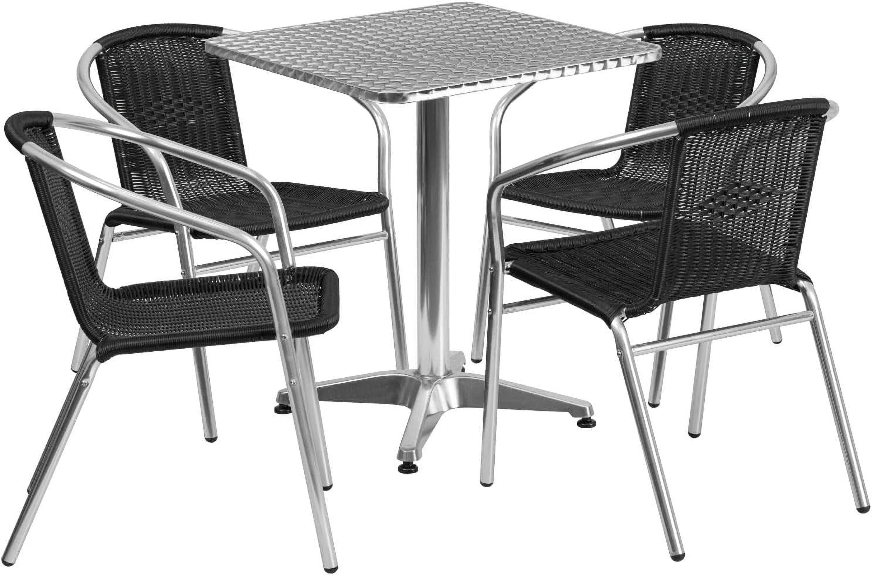 27.5'' Square Silver Stainless Steel Indoor-Outdoor Dining Set with 4 Black Rattan Chairs