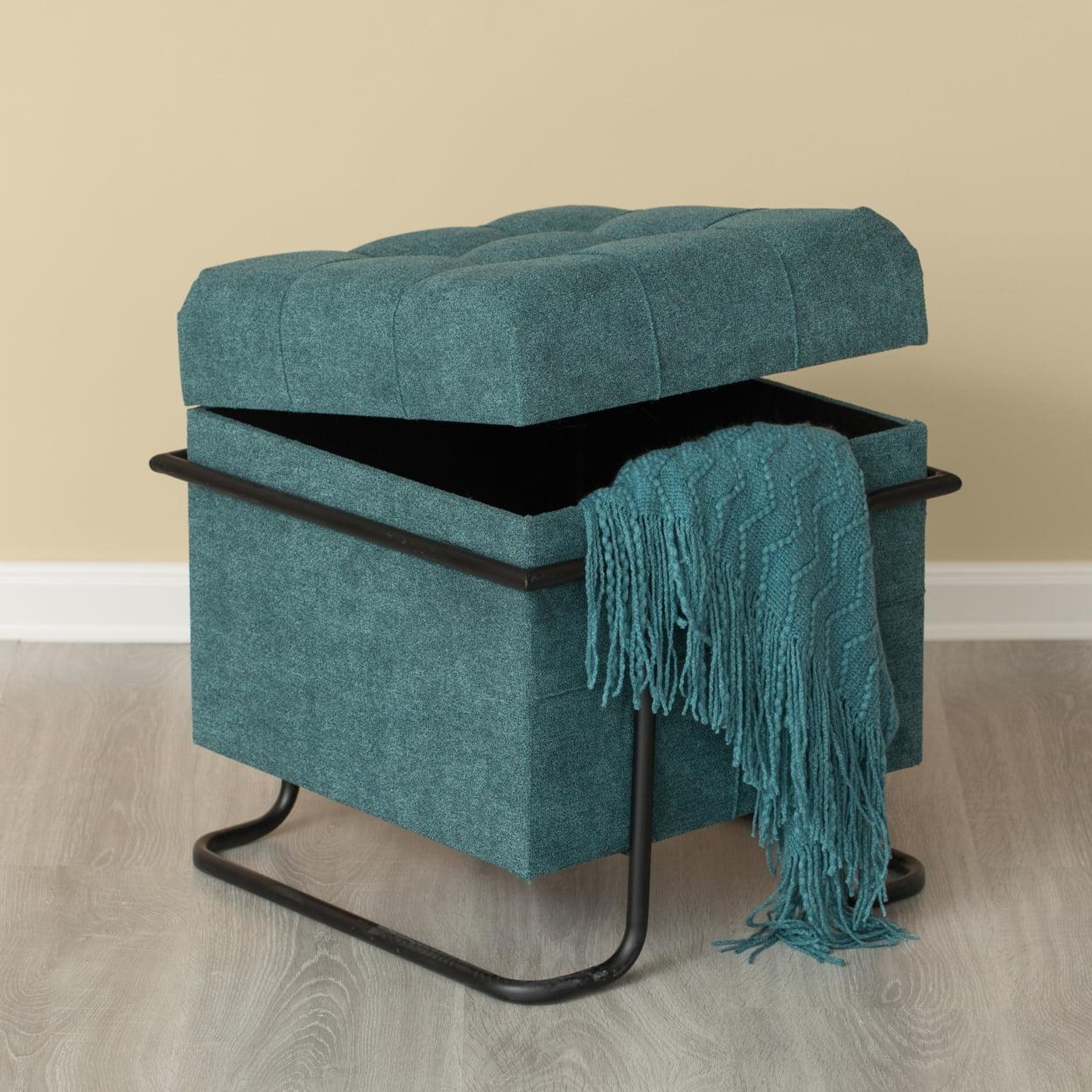 Fabulaxe Square Fabric Storage Ottoman with Black Metal Frame, Blue