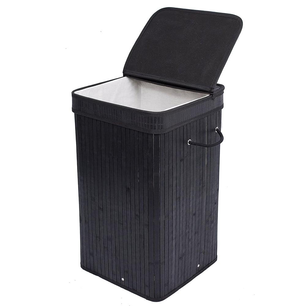 Square Laundry Hamper, Laundry Basket, Bamboo Collapsible Hamper with Lid, String and Cloth Liner for Bedroom, Living Room, Bathroom, Toilet, Hotel, Black