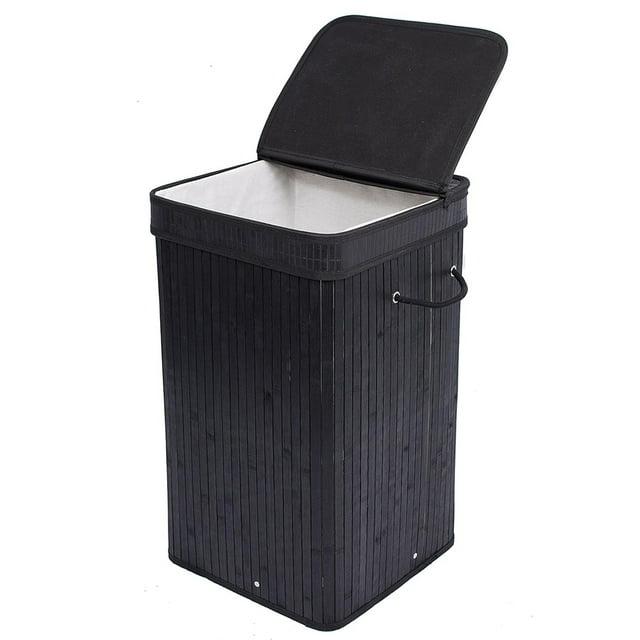 Square Laundry Hamper, Laundry Basket, Bamboo Collapsible Hamper with Lid, String and Cloth Liner for Bedroom, Living Room, Bathroom, Toilet, Hotel, Black
