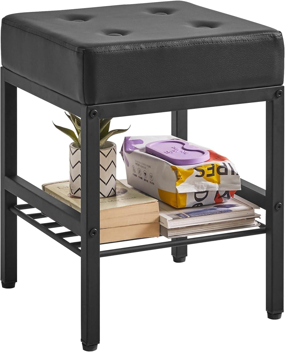 Everly Quinn Square Makeup Stool With Adjustable Feet And Storage Space, Footrest Stool, PU Seat Vanity Stool, Multi-Use As Small Side Table Or Ottoman, Black