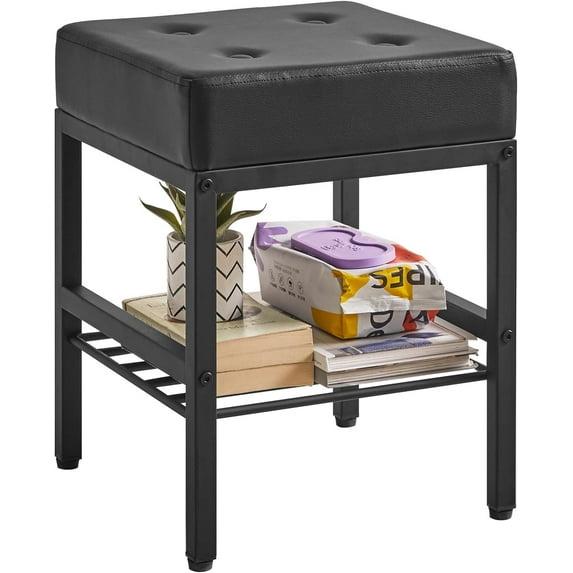 Everly Quinn Square Makeup Stool With Adjustable Feet And Storage Space, Footrest Stool, PU Seat Vanity Stool, Multi-Use As Small Side Table Or Ottoman, Black