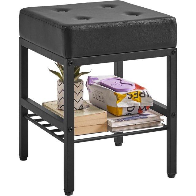 Everly Quinn Square Makeup Stool With Adjustable Feet And Storage Space, Footrest Stool, PU Seat Vanity Stool, Multi-Use As Small Side Table Or Ottoman, Black