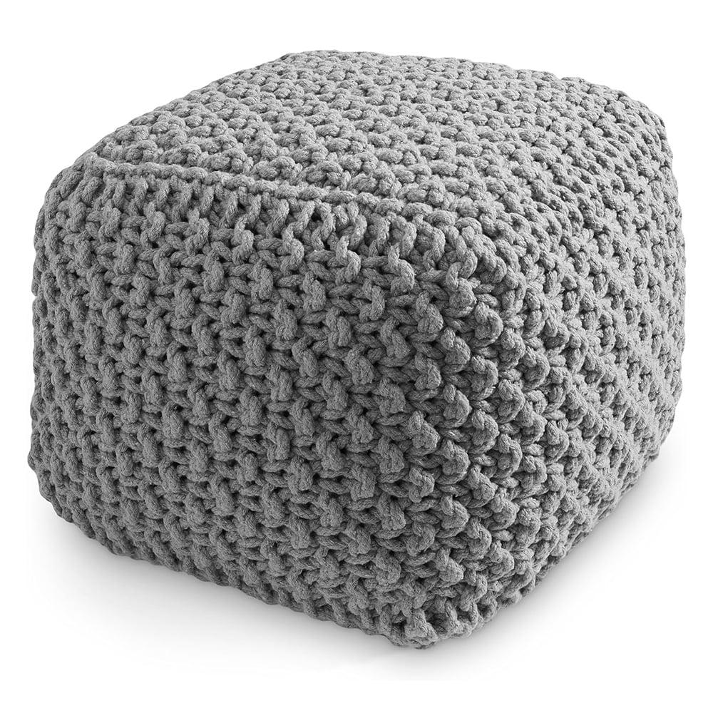 Casafield Square Pouf Ottoman, Light Gray - 18.5" W x 18.5" D x 14.5" H Cotton Knit Foot Stool - Boho Floor Pouffe for Living Room