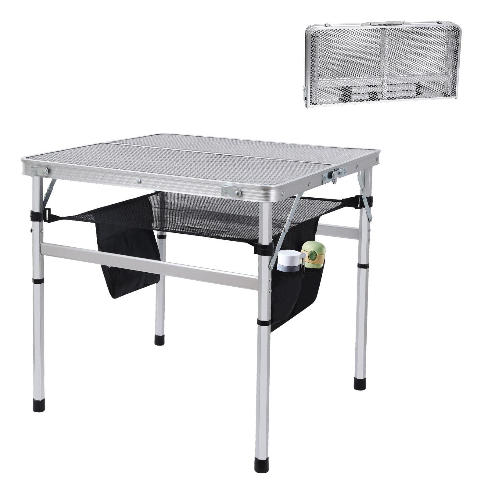 Silver Adjustable Folding Camping Table with Mesh Storage 23.6'' x 23.6''