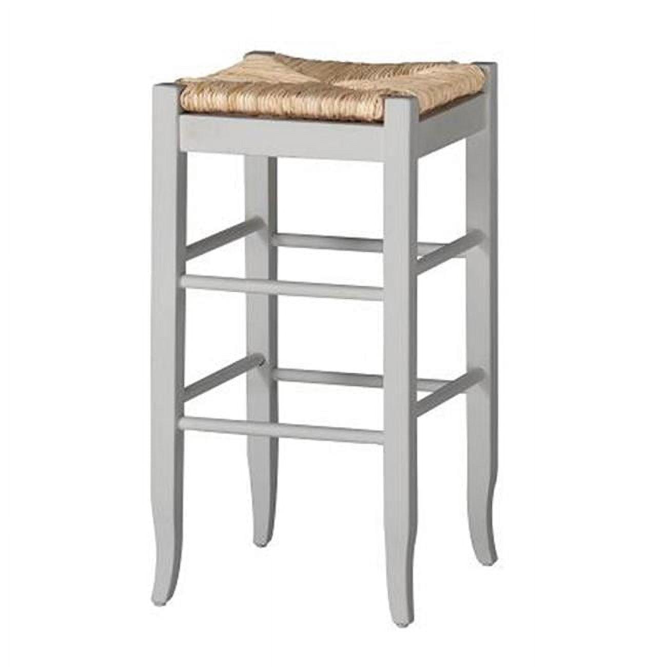 Transitional Square White & Brown Wooden Barstool with Handwoven Rush Seat