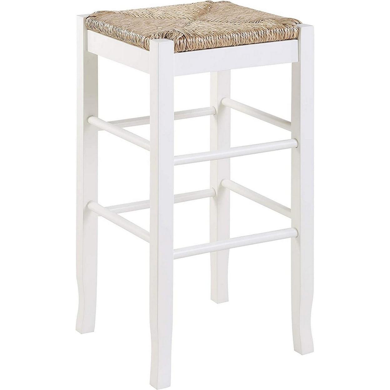 Square Wooden Frame Barstool with Hand Woven Rush - White & Brown - 29 x 14.5 x 14.5 in.