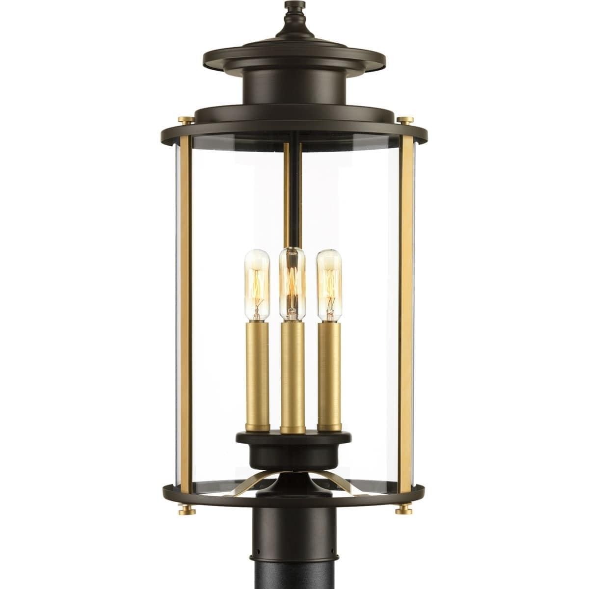 Progress Lighting, Squire Collection, 3-Light Post Lantern, Antique Bronze, Clear Glass Shade