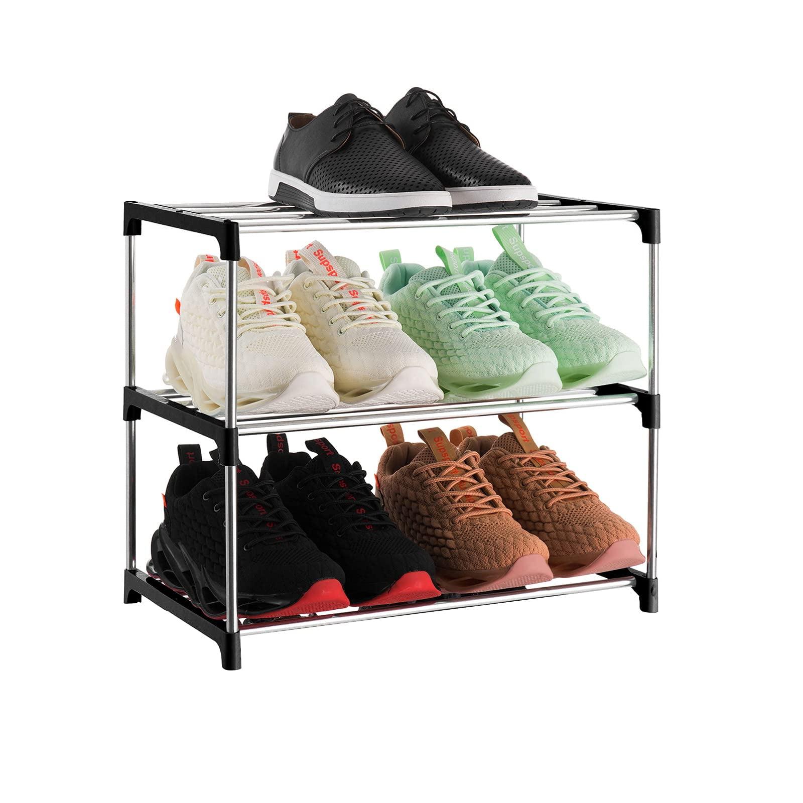 Small Stackable Shoe Rack, Entryway, Hallway and Closet, Save Space and Organization (3 Tier, Black)