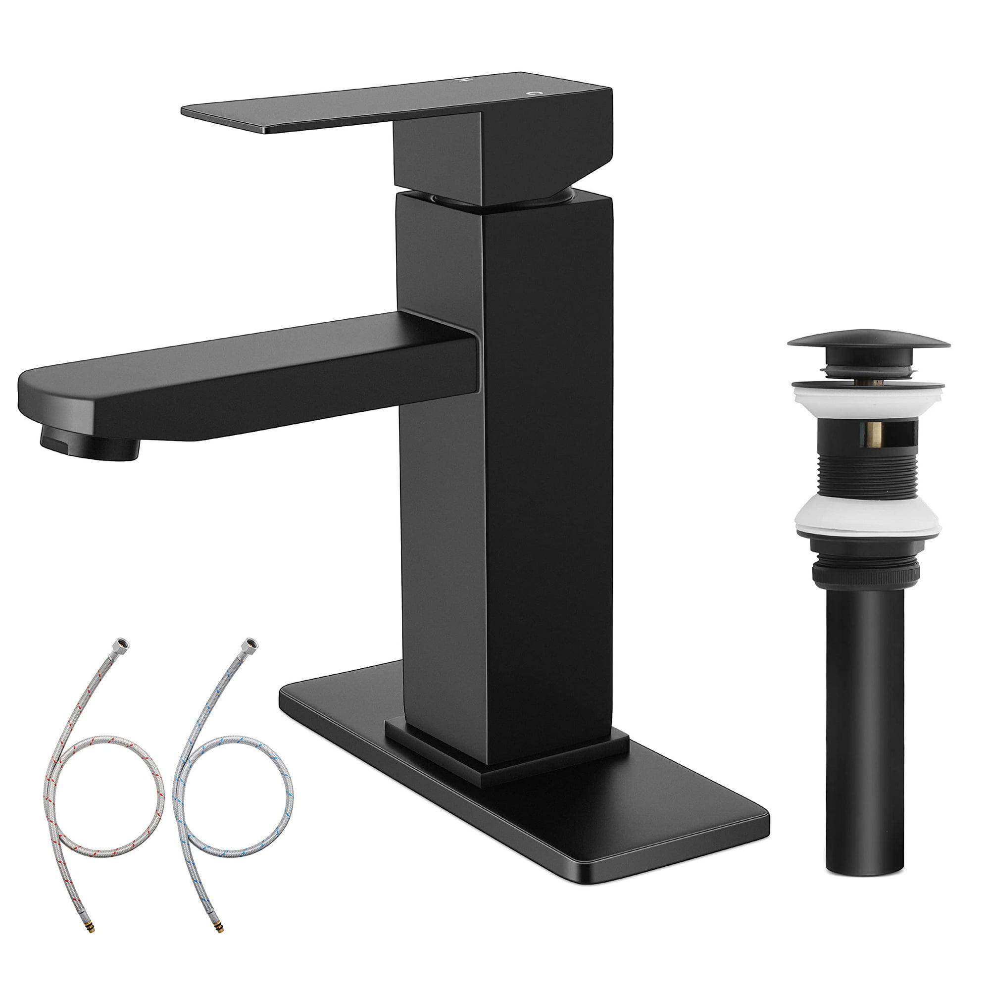 Black Bathroom Faucet with Sink Pop up Drain,Stainless Steel Bathroom Faucets for Sink 1 or 3 Holes, Matte Black Vanity RV Lavatory Faucet with Single Handle, Deck Plate, Water Supply Hoses