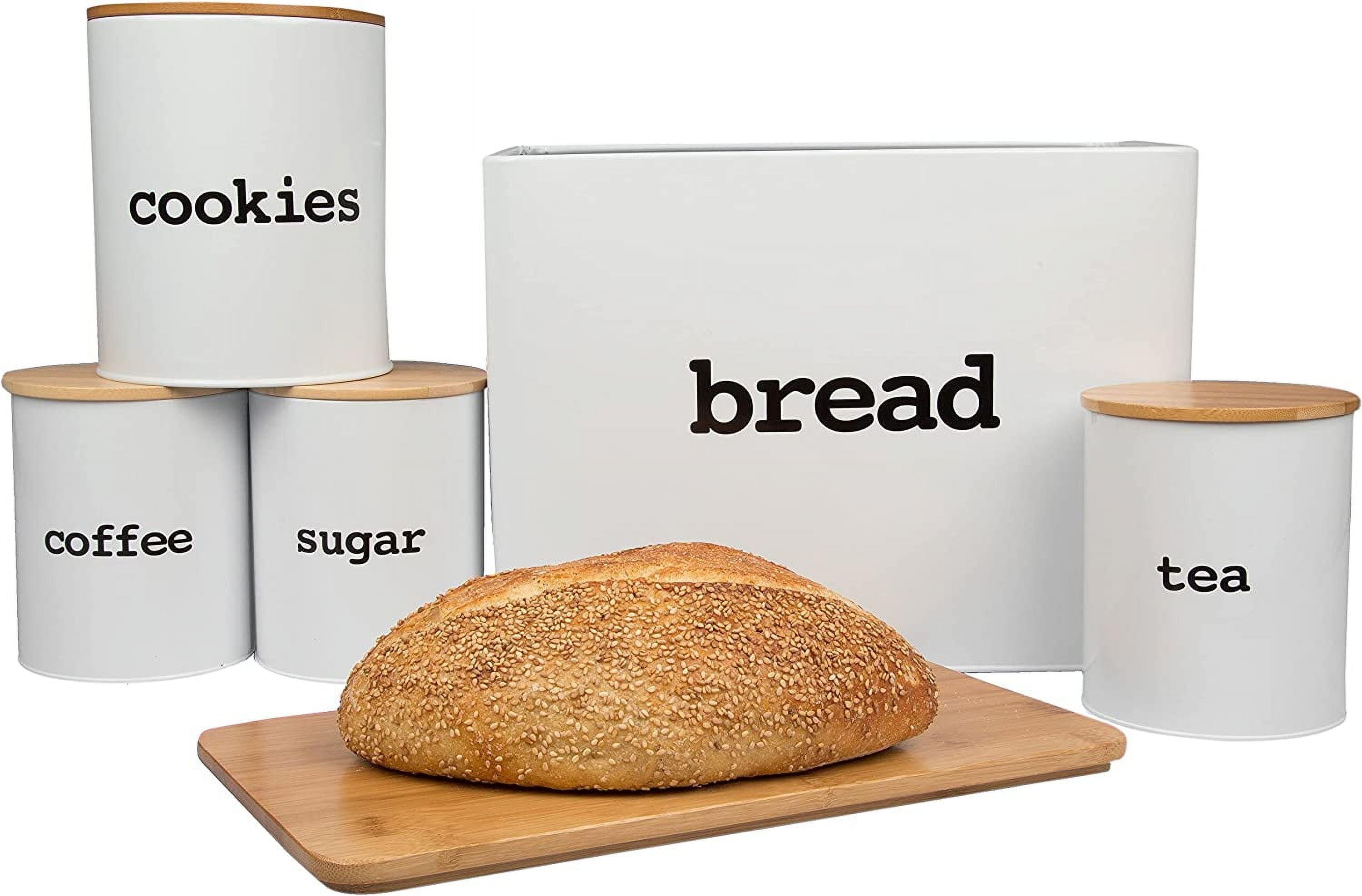 White Tin and Bamboo 5-Piece Bread Box and Canister Set