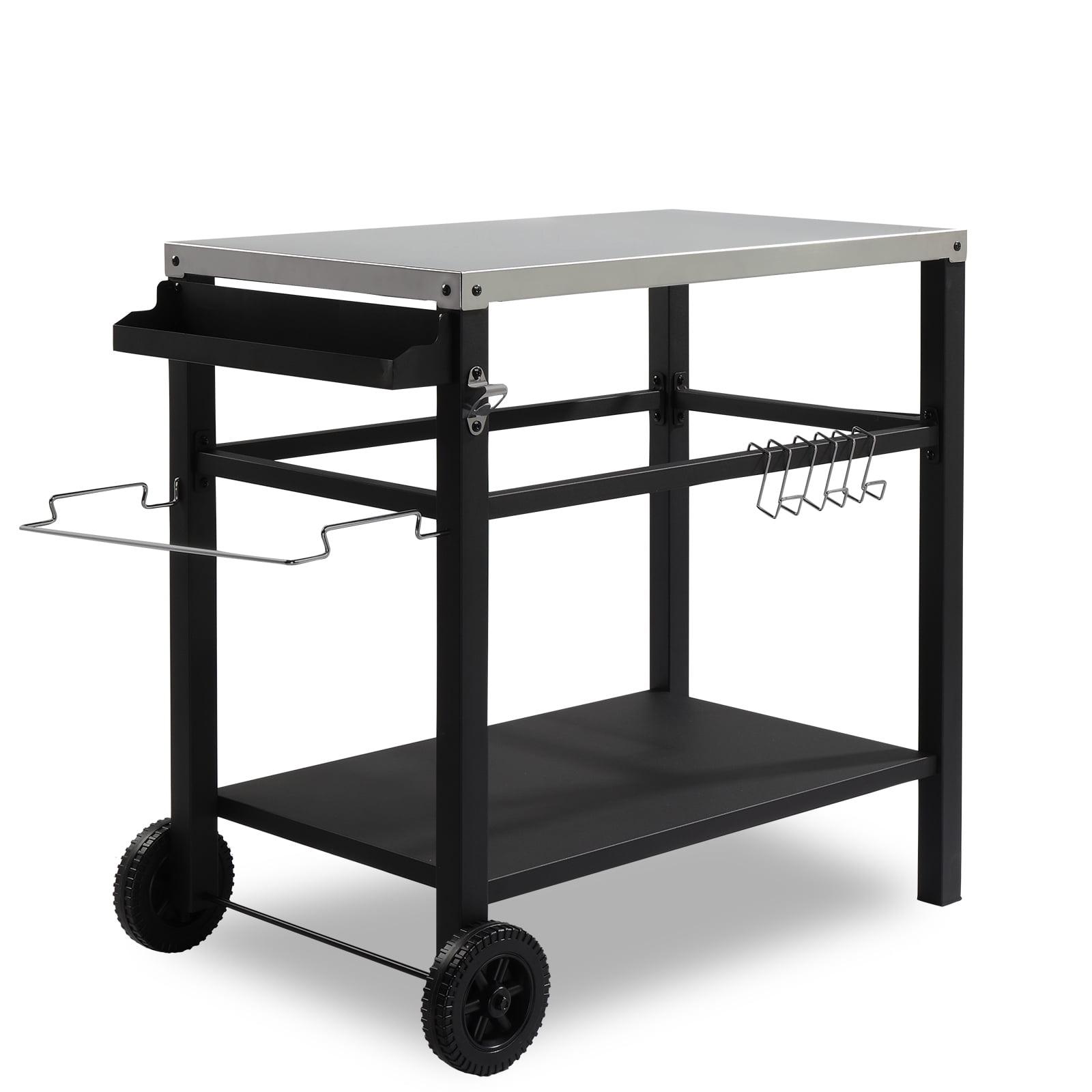 Stainless Steel and Black Movable BBQ Grill Cart with Hooks