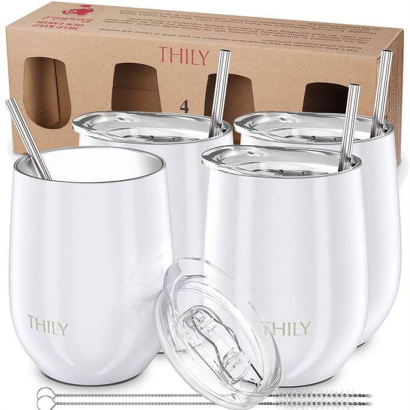 Stainless Steel Insulated Wine Tumbler - THILY 4 Pack Stemless Wine Glasses Set with Splash-proof Lids, Metal Straws, Reusable, Keep Cold for Coffee, Drinks, Cocktails, Christmas Gifts, Pearl White