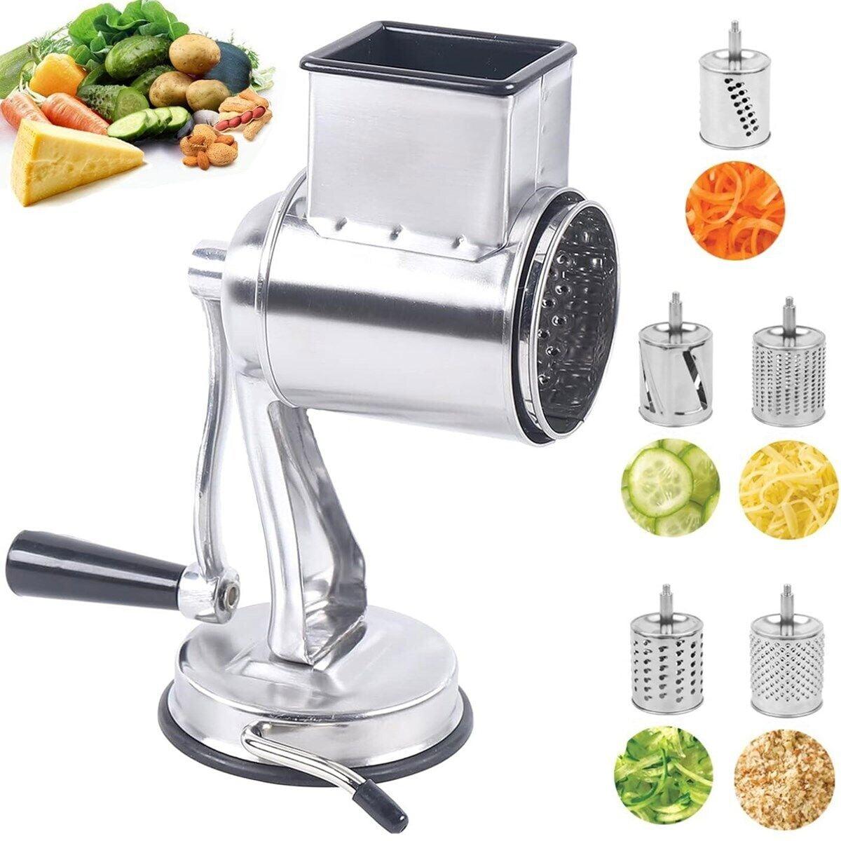 Silvery Stainless Steel 5-Blade Rotary Cheese Grater with Suction Base