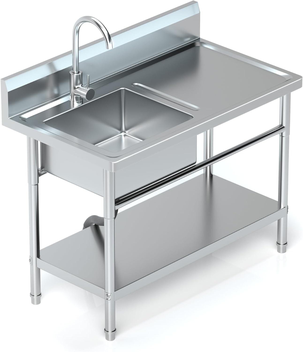 Utility Sink Free Standing Single Bowl Kitchen Sink with Cold and Hot Water Pipe Stainless Steel Sink for Laundry Room Bathroom Farmhouse