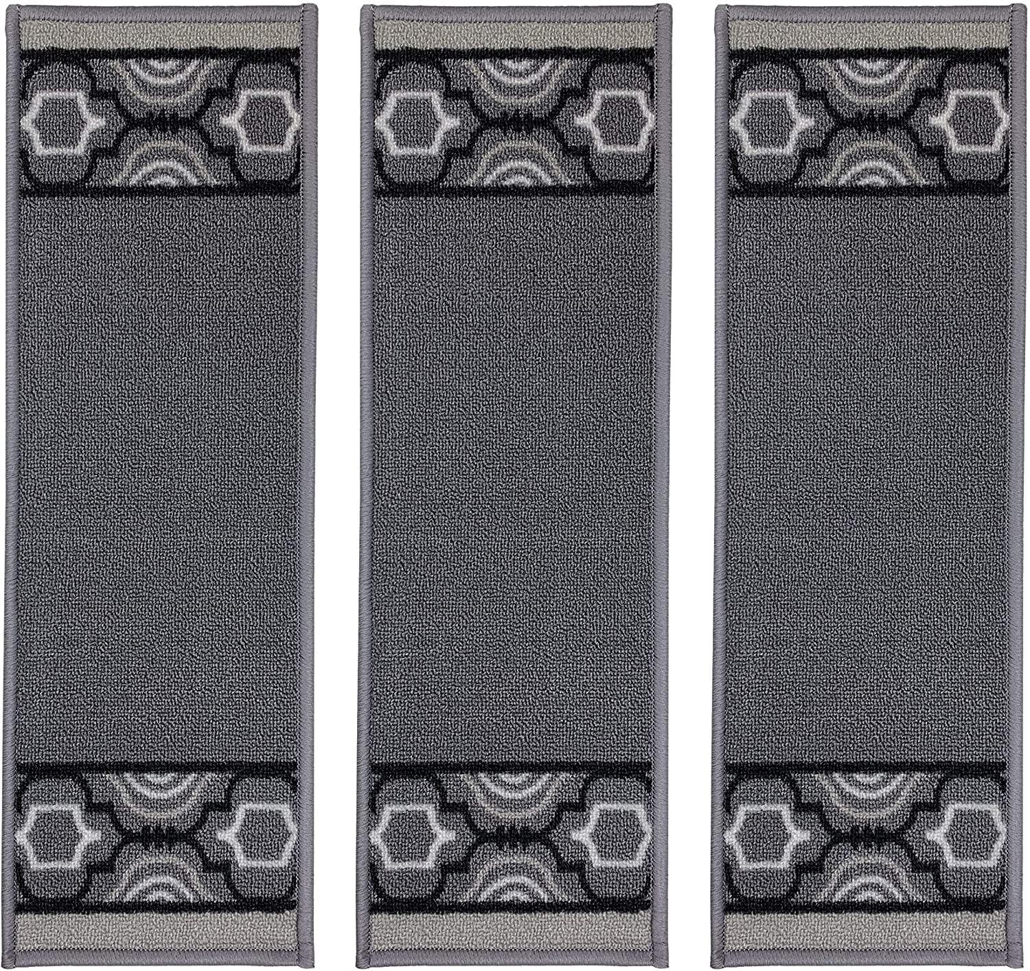 Stair Treads Skid Slip Resistant Backing Indoor Carpet Stair Treads Trellis Border Design 8 ½ inch x 26 ¼ inch (Set of 3, Grey Black)