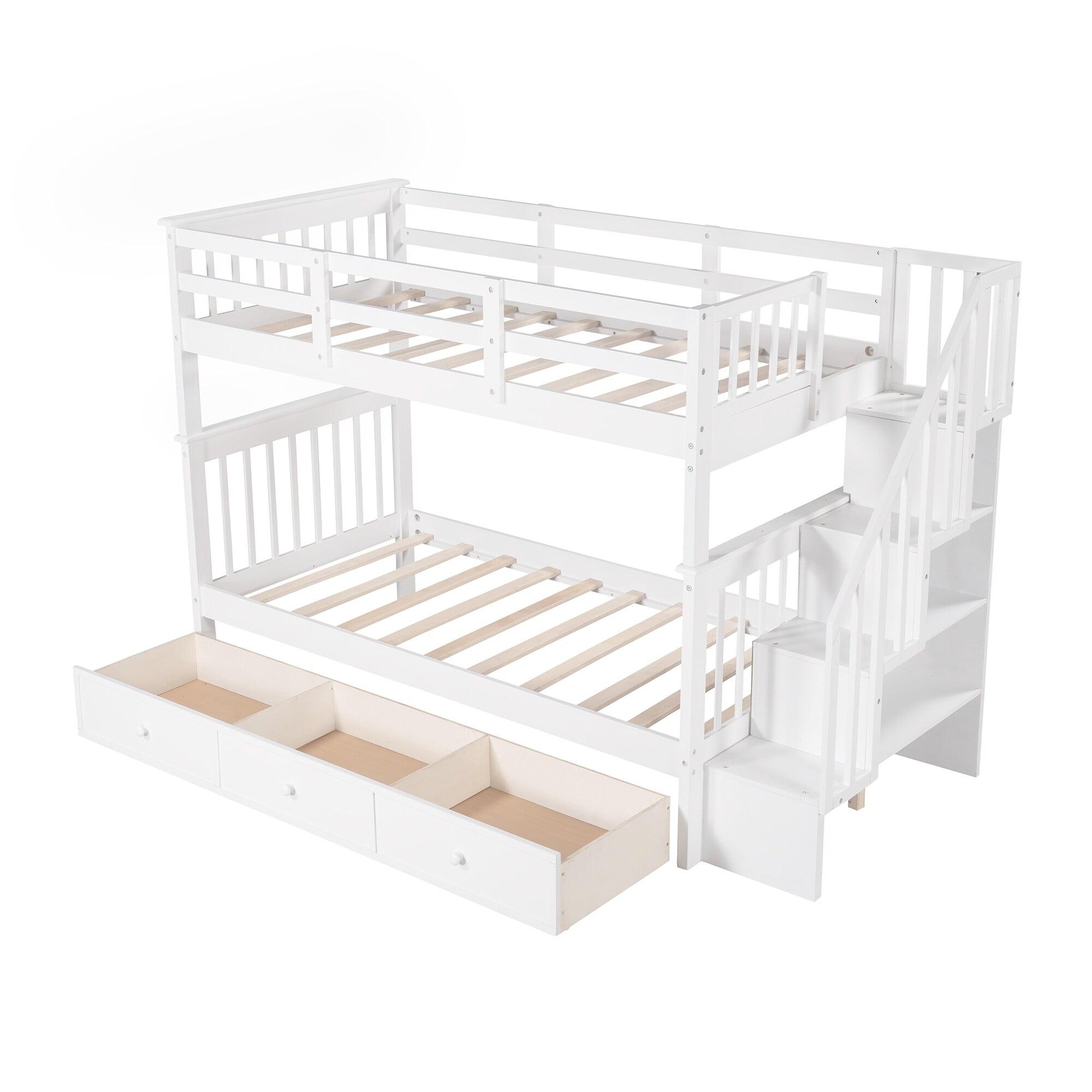 White Twin-Over-Twin Bunk Bed with Storage Drawers and Shelves